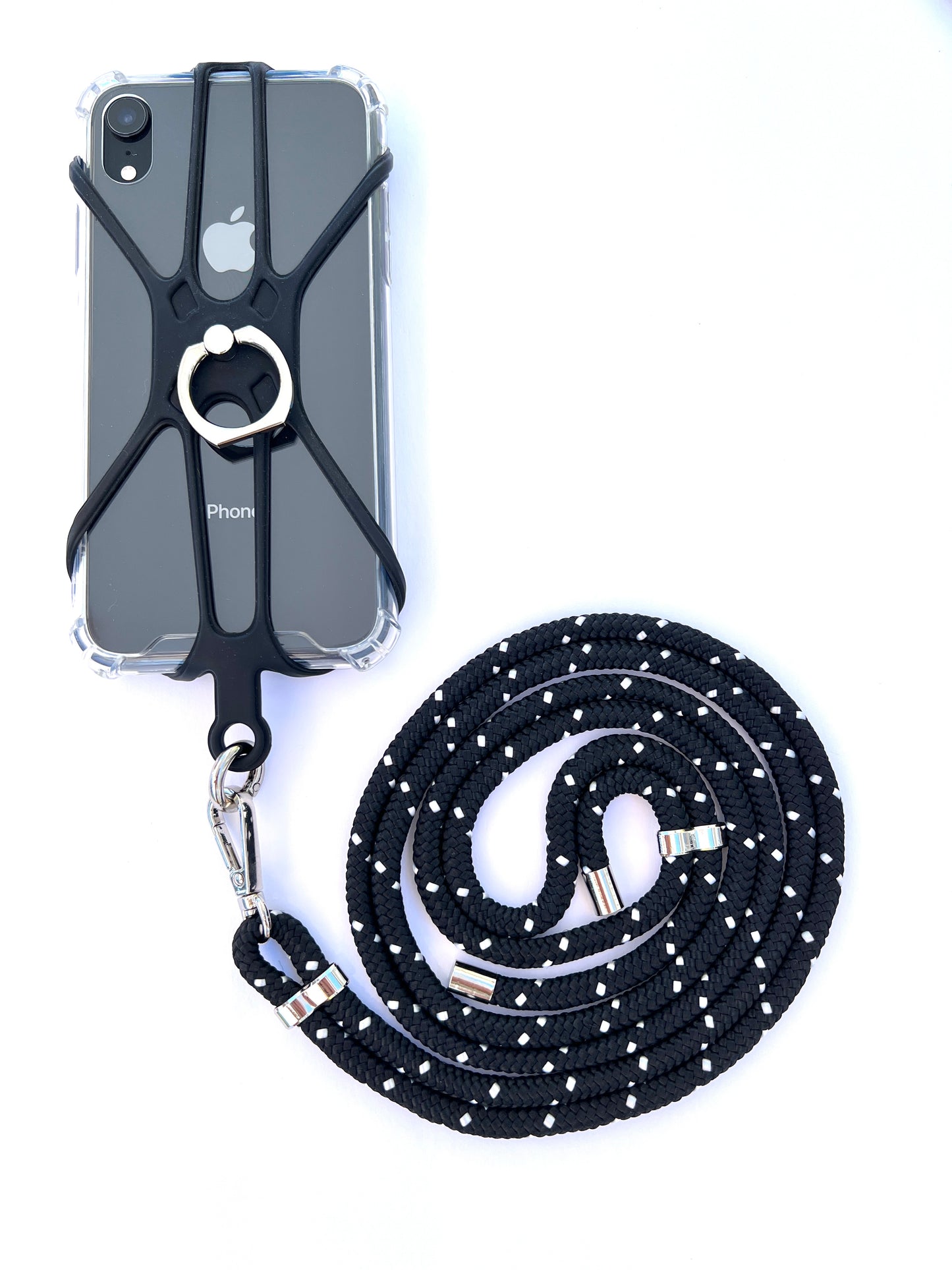 Silicon Holder Phone Strap - Black with White Dots